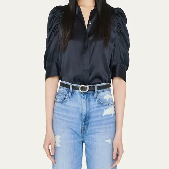 Frame Denim Tops - FRAME Gillian 100% Silk Navy Blouse Shirt Women’s Size Small Party Wear Festive